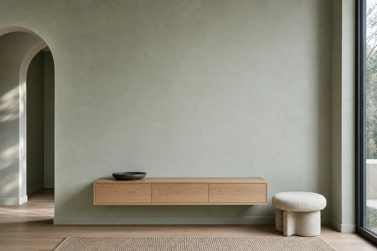 Sala serena em verde sálvia com console flutuante de carvalho
